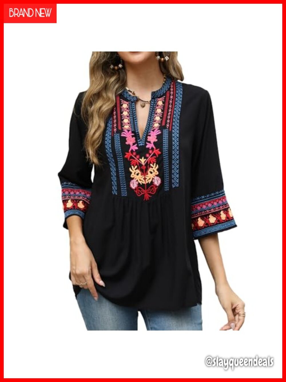 Floral Embroidered Peasant Blouse Boho Tunic 3/4 Sleeve V-Neck Top